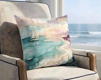 Cojín a juego con diseño de paisaje marino en acuarela: velero / Cojín decorativo con diseño costero de olas del océano y playa