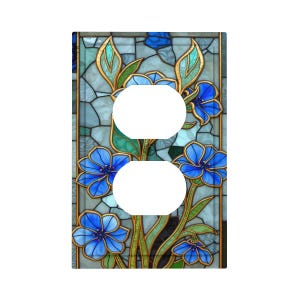 NOT 3D Matching Blue Stained Glass Style (PRINT) Floral Duplex Outlet Cover, Art Nouveau Flower Wall Plate, Botanical Electric Socket Cover