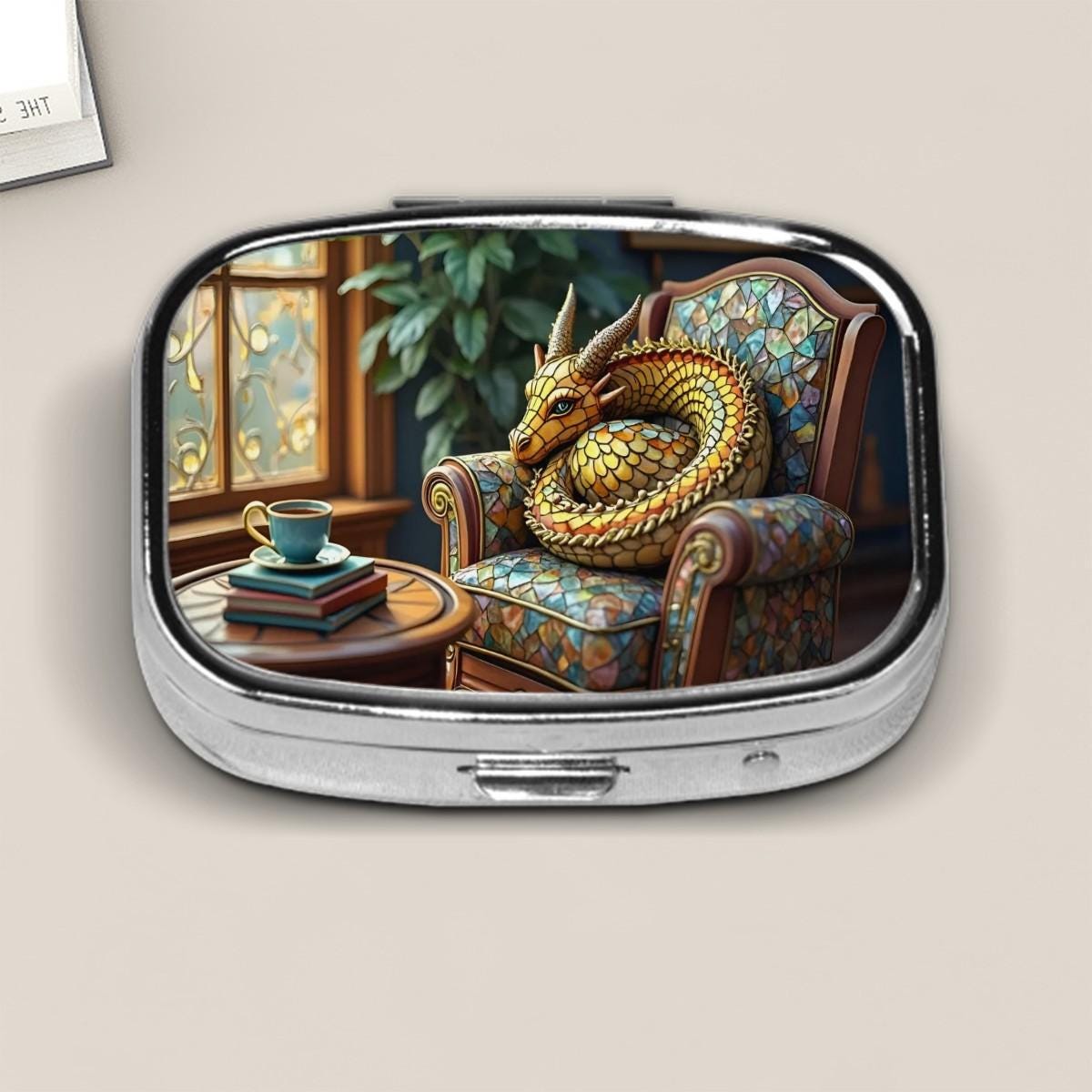 Golden Dragon Armchair Pill Box – Cozy Fantasy Stained Glass Style