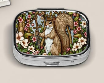 Royal Squirrel Warrior Pill Box – Stained Glass Style Woodland Guardian with Crown and Sword – Fantasy Forest Floral Pocket Pill Case