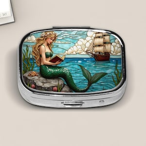 Blonde Mermaid Pill Box – Stained Glass Style Ocean Scene with Sailing Ship – Fantasy Travel Pill Case for Beach Lovers and Readers