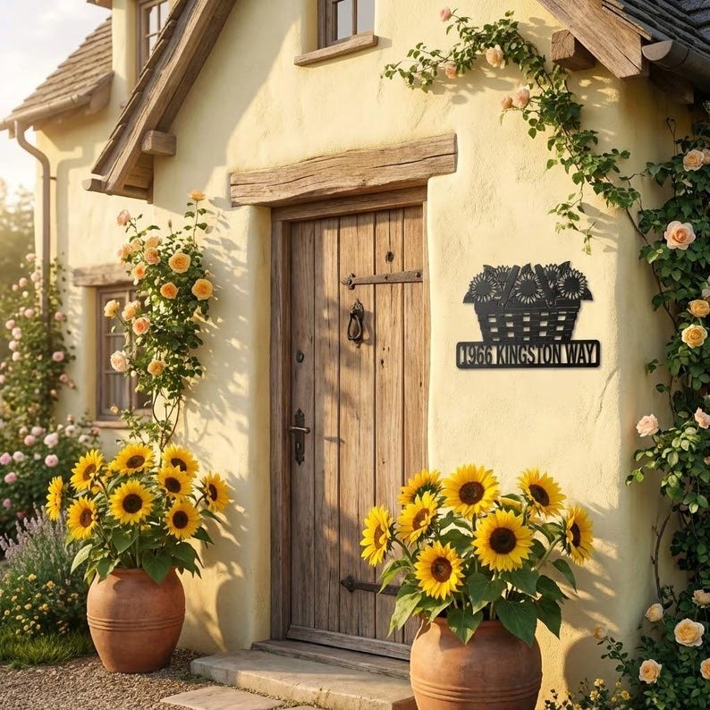 Personalized Sunflower Basket Address Sign – Custom Metal Die Cut Wall ...