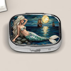 Mermaid Stained Glass Style Pill Box – Nautical Abalone-Style Travel Case with Moonlit Ocean Scene – Compact Mermaid Gift for Ocean Lovers