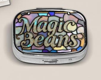 Magic Beans Pill Box – Funny Stained Glass Style (PRINT) Pill Case, Sparkly Fantasy Travel Medicine Holder, Quirky Gift for Coffee or Meds