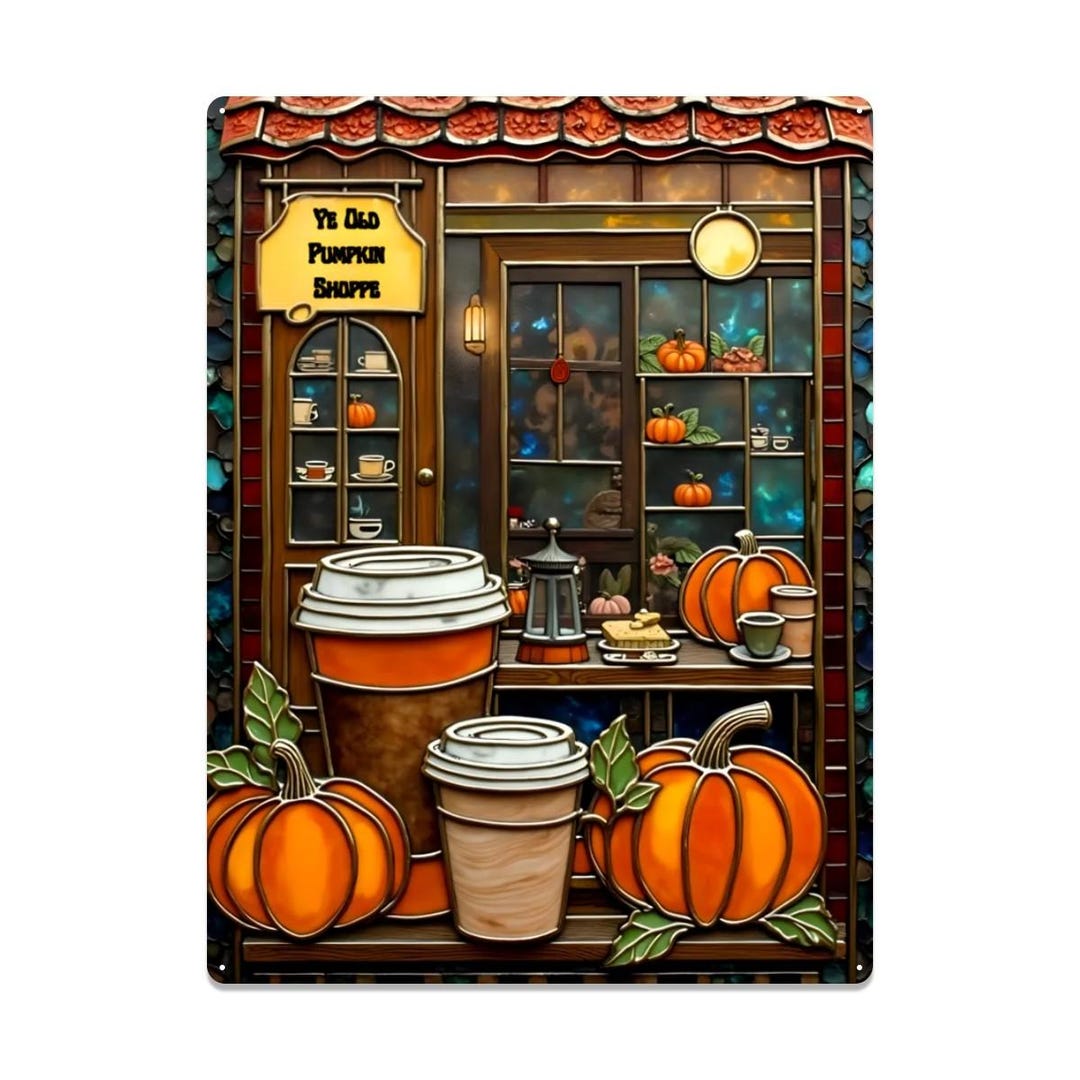 Pumpkin Coffee Shop Tin Wall Art – Cozy Autumn Café Decor in