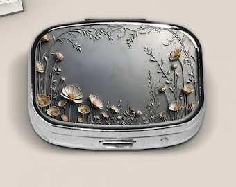 Silver and Gold Floral Pill Box Faux (PRINT) Embossed Metal Meadow Design, Elegant Botanical Travel Case, Art Nouveau Inspired
