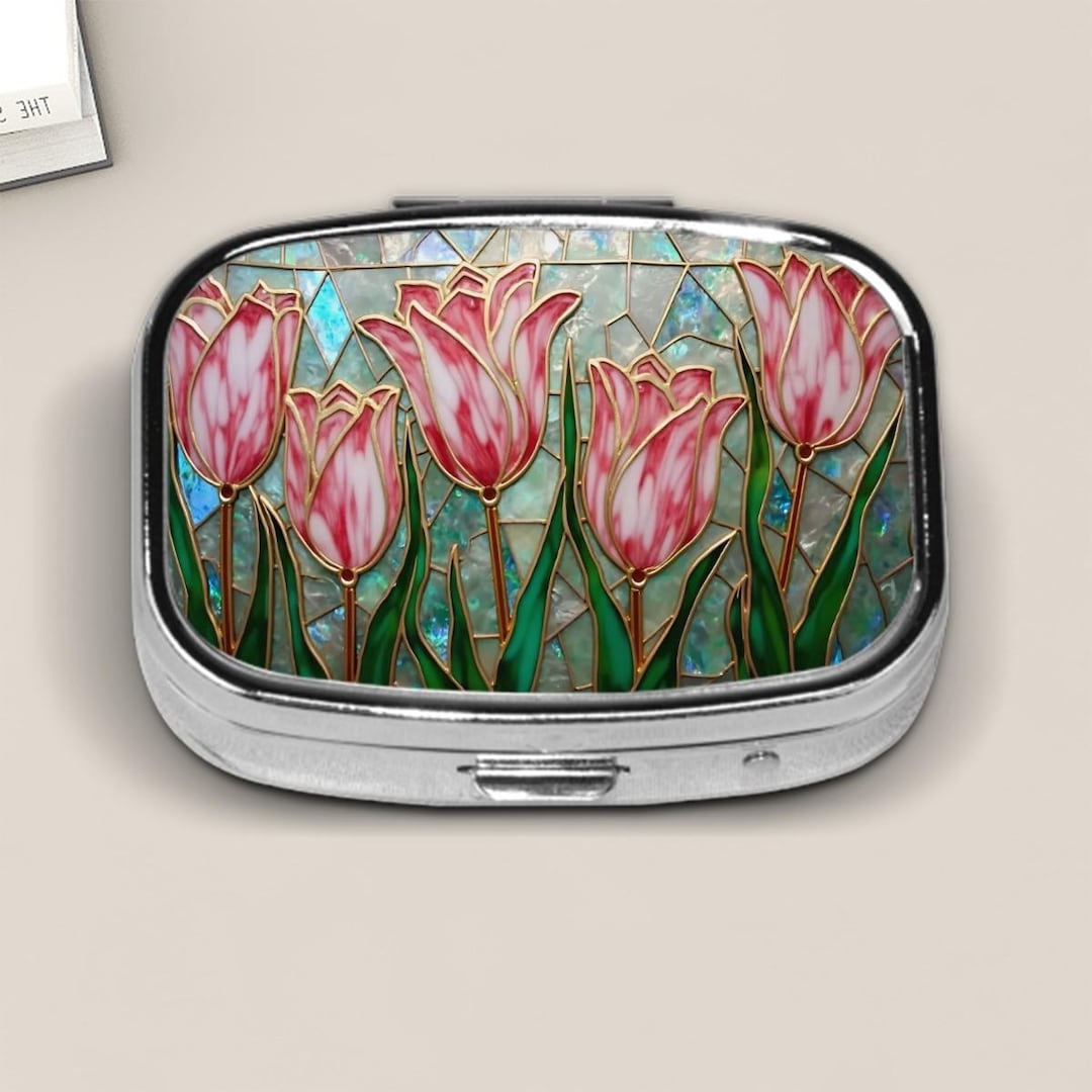 Stained Glass Style Tulip Pill Box – Pink Floral Travel Pill Case