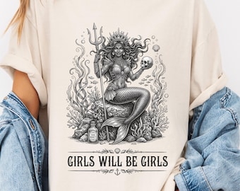 T-shirt Girls Will Be Girls | Vintage illustratie zeemeerminskelet, comfortabele kleuren, gotisch nautisch T-shirt