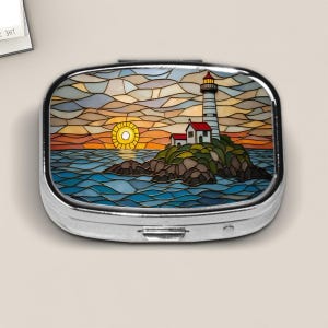 Stained Glass Lighthouse Pill Box – Coastal Sunset Design, Ocean Travel Pill Case, Nautical Mini Medicine Box, Compact Gift for Sea Lovers