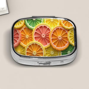 Citrus Fruit Pill Box – Colorful Lemon Lime Orange Grapefruit Travel Pill Case, Bright Summer Medicine Holder, Fun Pocket Organizer Gift