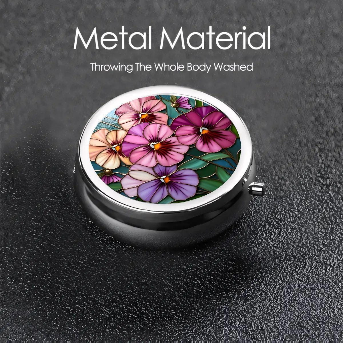 Stained Glass Style (PRINT) Pansy Pill Box – Round Silver Pocket