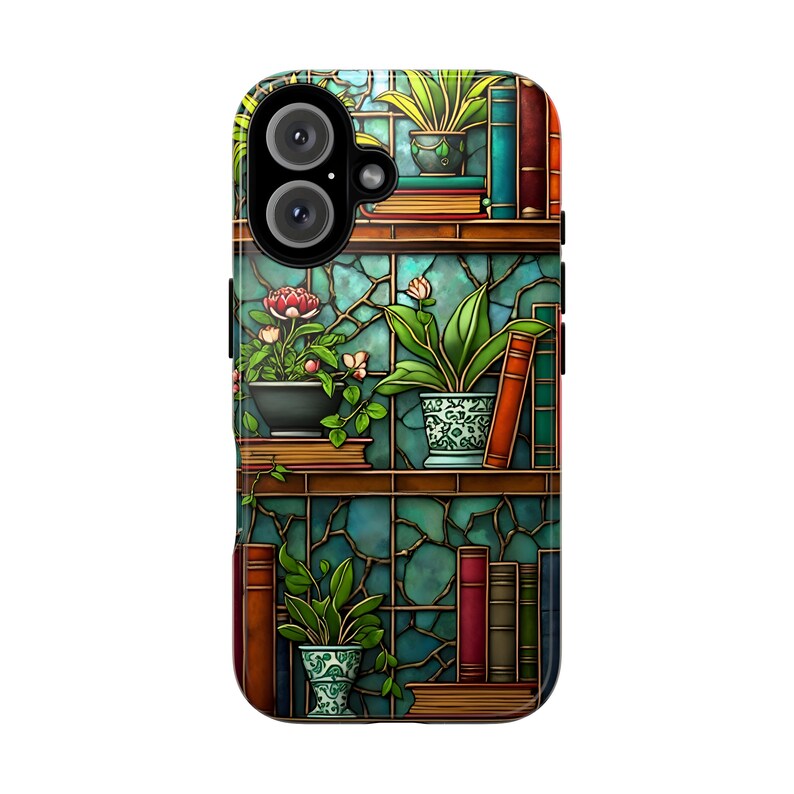 May include: A phone case featuring a bookshelf design with potted plants and books. The case has a teal background with a stained glass effect. The shelves are brown, and the books are various colors. The plants are green with red and pink flowers.
