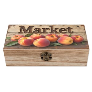 Rustic Peach Market Wooden Box – Farmhouse Kitchen Storage or Keepsake Box with Vintage Fruit Design