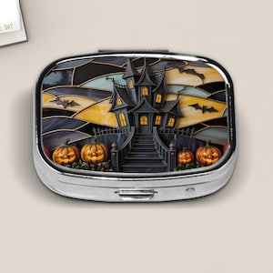 Haunted House Halloween Pill Box – Spooky Stained Glass Style with Pumpkins and Bats Pocket Case