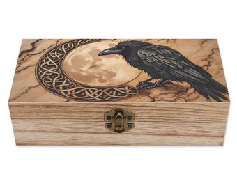 Raven Celtic Moon Wood Box – Gothic Crow with Full Moon Design, Witchy Wooden Jewelry Storage Keepsake Box