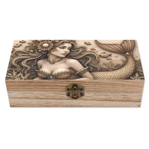 Enchanted Mermaid Wood Keepsake Box – Fantasy Ocean Goddess Pyrography Jewelry Storage Box – Nautical Gift for Sea Lovers