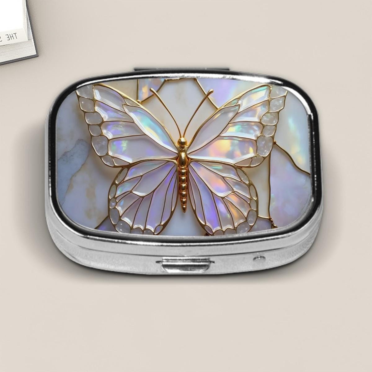 Iridescent Butterfly Pill Box – Gold Outline Stained Glass Style