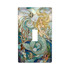 NOT 3D Matching Stained Glass Style (PRINT) Mermaid Light Switch Cover, Ocean Fantasy Single Toggle Wall Plate, Coastal Decor