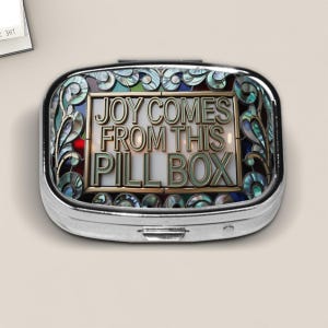 Joy Comes from This Pill Box – Funny Stained Glass Style Pill Case, Travel Pill Organizer, Whimsical Medicine Holder Gift