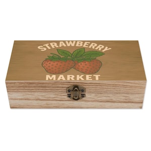 Strawberry Market Wooden Keepsake Box – Rustic Farmhouse Storage Box with Vintage Fruit Design, Decorative Organizer for Kitchen or Gifts