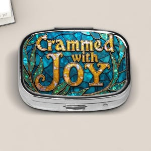 Crammed with Joy Pill Box – Funny Stained Glass Style Pill Case, Travel Medicine Holder, Compact Pill Organizer Gift