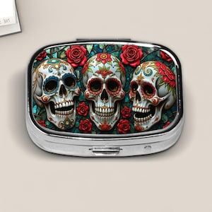 Day of the Dead Sugar Skull Pill Box – Stained Glass Style Día de los Muertos Case with Red Roses – Gothic Skull Pocket Medicine Holder