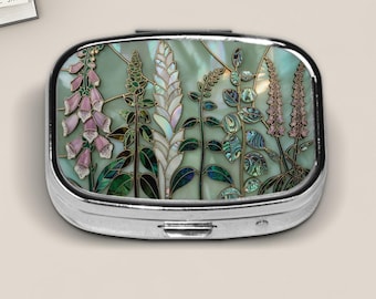 Abalone Botanical Pill Box – Stained Glass Style (PRINT) Wildflower Pill Case, Iridescent Green Herb Garden Medicine Holder,  Pill Box