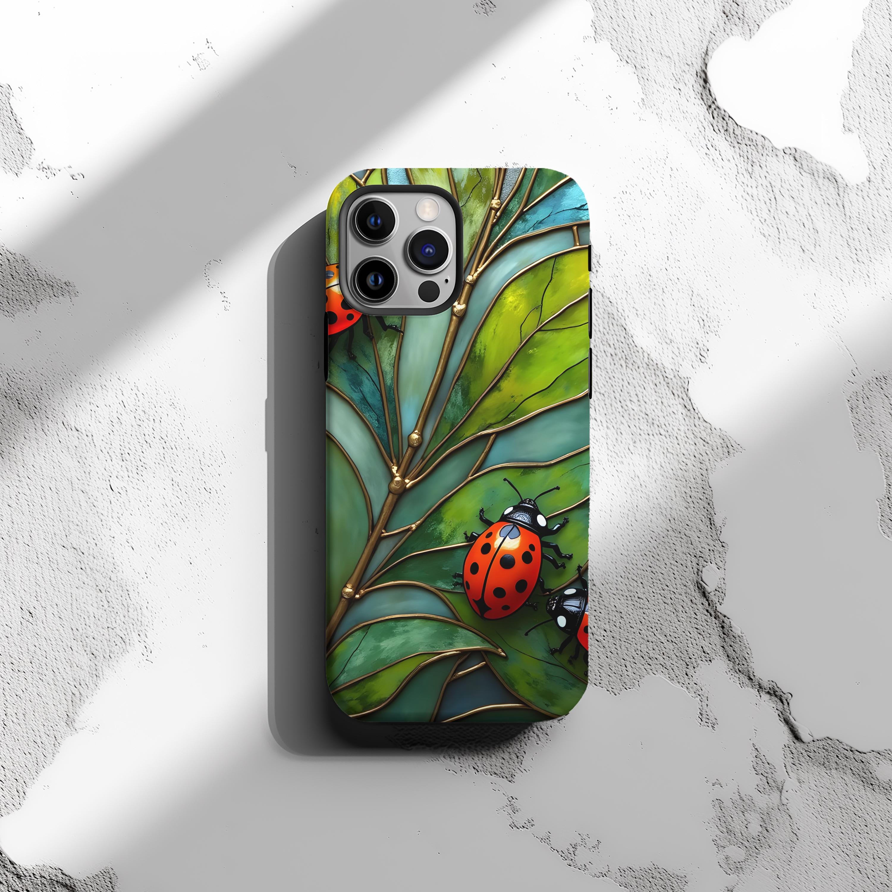 てんとう虫のiPhoneケース、自然デザインのフェイクステンドグラスの