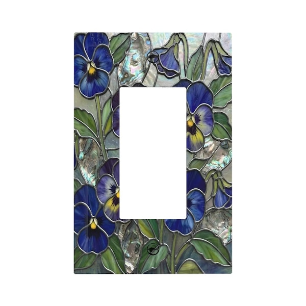 NO ES 3D Tapa de enchufe dúplex estilo vidriera con diseño de pensamiento azul a juego (IMPRESIÓN), placa de pared Art Nouveau floral, decoración botánica vintage