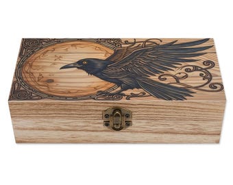 Raven Moon Wood Box – Gothic Crow with Outstretched Wings, Witchy Wooden Jewelry Storage Keepsake Box"