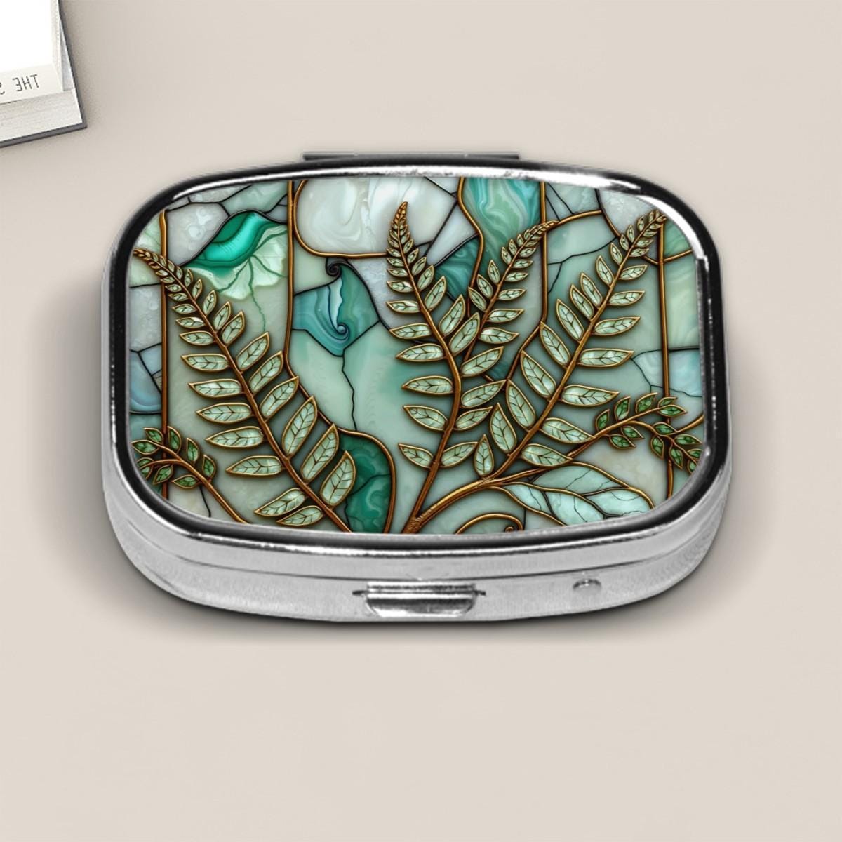 Fern Stained Glass Style (PRINT) Pill Box - Green Botanical Metal Pill Case with Gold Outlines, Nature Inspired Travel Pill Holder