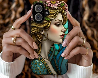 Mermaid Face iPhone Case, Stained Glass Design, Floral Phone Cover for Women, Unique Gift for Her, Stylish Mobile Accessory