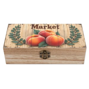 Peach Market Wooden Keepsake Box – Rustic Farmhouse Storage with Fruit and Foliage Design, Country Kitchen Decor