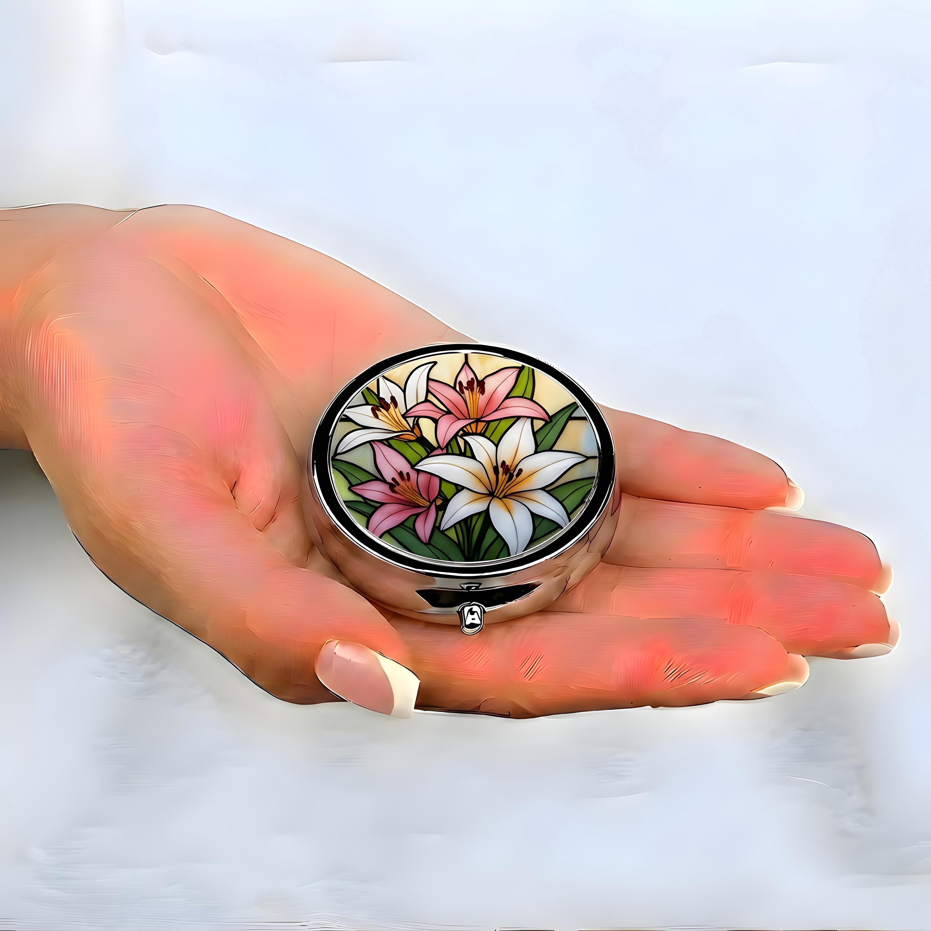 Stained Glass Style Lily Pill Box – Round Silver Pocket Pill Case