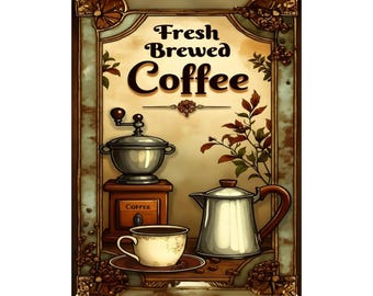 Fresh Brewed Coffee Tin Sign – Vintage Coffee Wall Art with Grinder, Pot And Cup, Rustic Kitchen Café Decor 16"x12" (Vertical)