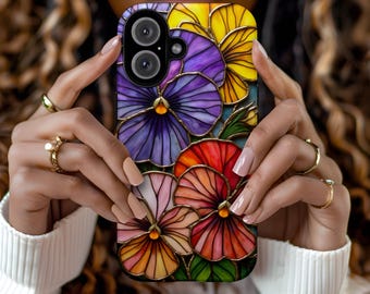 Vibrant Stained Glass Style Floral iPhone Case, Tough Cases, Pansy Phone Cover, Stained Glass Aesthetic, Floral Gift for Her