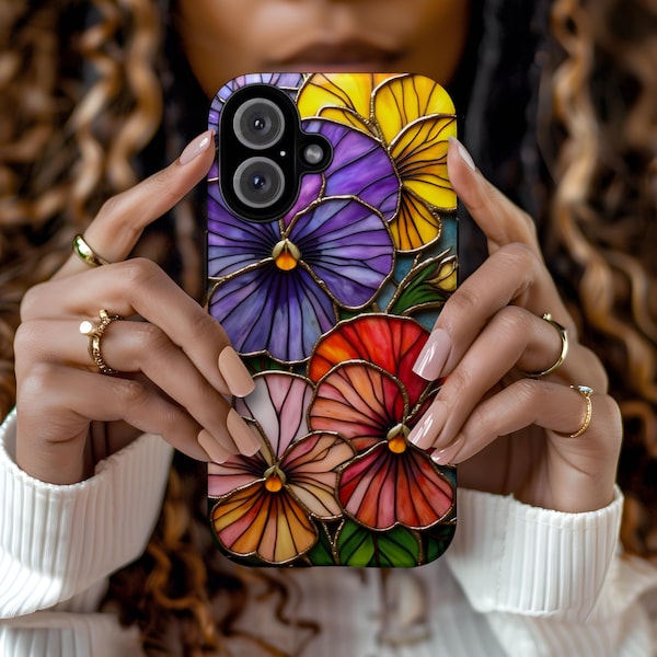Funda para iPhone con diseño floral de vitral vibrante, resistente, con diseño de pensamientos, ideal como regalo floral.