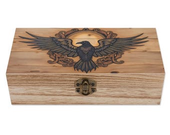 Raven Moon Wood Box – Gothic Crow with Outstretched Wings, Witchy Wooden Jewelry Storage Keepsake Box