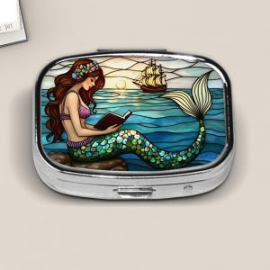 Redhead Mermaid Pill Box – Stained Glass Style (PRINT) Ocean Sunset Scene – Fantasy Travel Pill Case for Bookworms and Sea Lovers