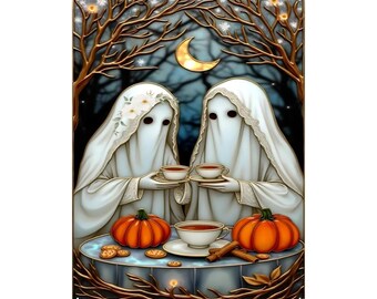 Ghost Tea Party Tin Sign – Spooky Halloween Wall Art with Pumpkins and Moon – Cozy Gothic Cottagecore Decor for Fall 16"x12" (Vertical)