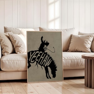 Cowboy Wall Art, Western Digital Print, Rodeo Art, Cowboy Silhouette, Green Western Home Decor, Bucking Bronco Print