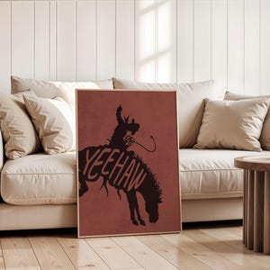 Cowboy Wall Art, Western Digital Print, Rodeo Art, Rust Red Western Home Decor, Yeehaw Bucking Bronco Print