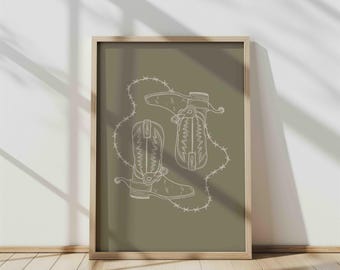 Western Cowboy Boots Wall Print, Western Home Decor, Vintage Print, Rustic Decor, Green Country Decor