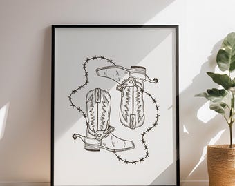 Western Cowboy Boots Wall Print, Western Home Decor, Vintage Print, Rustic Decor, Cream Brown Country Decor