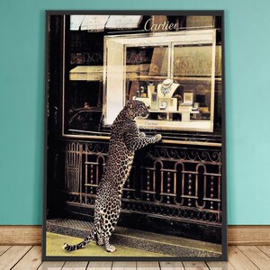 Panther in the Jewelry Shop Poster, Cheetah Print, Vintage Photography Fashion Print, 1950 Wall Art Vintage Poster Colored