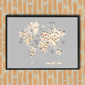 Mappa a tema dinosauri, mappa del mondo per bambini da appendere alla parete, decorazioni per la scuola materna, decorazioni da parete per la cameretta dei bambini, tema dinosauri, cartello con mappa per la cameretta dei bambini, decorazioni per la sala giochi dei bambini