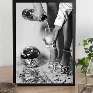 Disco Ball Champagne Poster, Bar Cart Print, Black and White, Funky Trendy Wall Art, Disco Party Decor, Cocktail Wall Art, Vintage Bar Print
