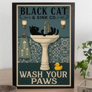 Impressão em tela de patas de gato preto: decoração vintage para banheiro