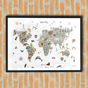 Mappa del mondo in tela con animali per bambini, mappa del mondo per cameretta, arazzo con mappa del mondo con animali, decorazione da parete per la scuola materna, mappa del mondo in tela per la cameretta dei bambini