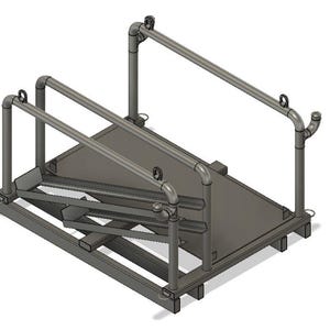 May include: A gray metal structure with a platform, railings, and a ramp. The design incorporates pipes and rectangular supports, with a focus on functionality and industrial aesthetics. The structure appears to be designed for industrial or commercial use.